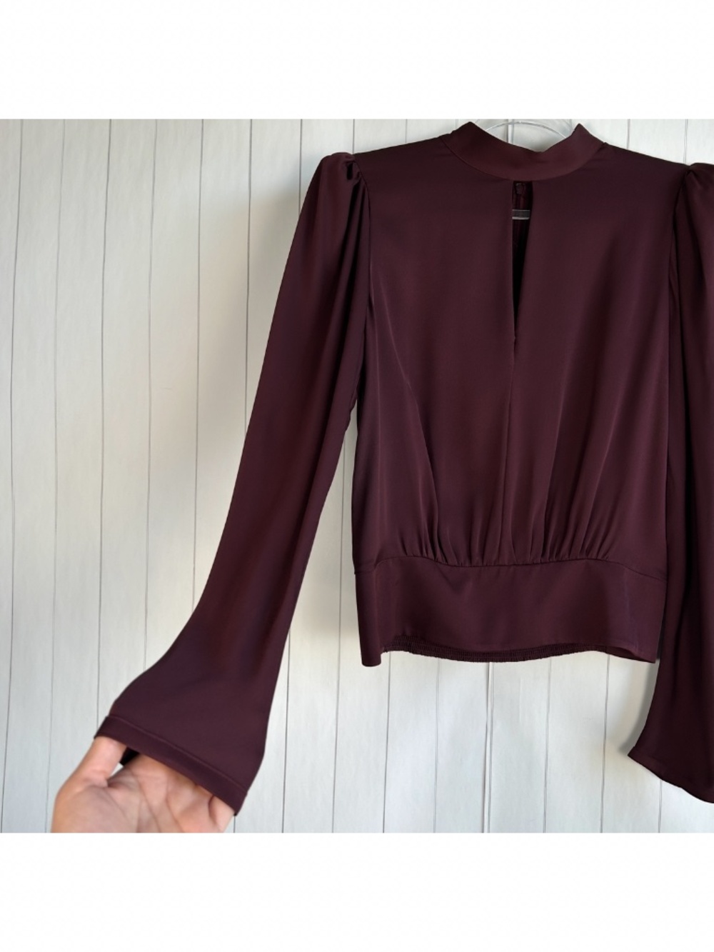 Frame size L long sleeve keyhole blouse 100% silk burgundy smocked high neck - Picture 4 of 12